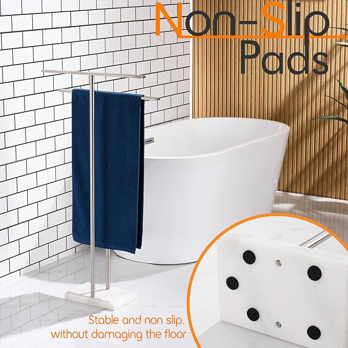 Free Standing Towel Rack Brushed Nickel 2-Tier Towel Holder for Bathroom Floor Stand with Heavy Marble Base Thicken Steady Design Stainless Steel AN7001BR