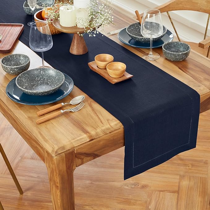 Solino Home Navy Blue Hemstitch Table Runner 48 Inches - 100% Pure Linen Small Table Runner 14 x 48 Inch Ideal for Dresser and Coffee Tables - Medium Weight, Winter
