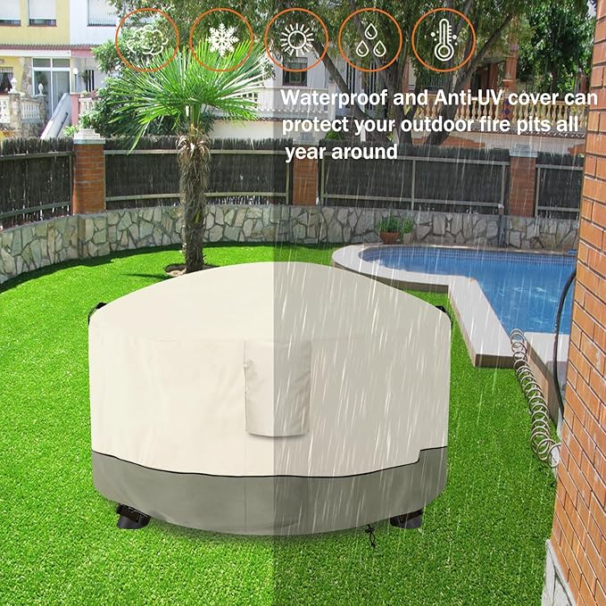 Fire Pit Cover,Outdoor Heavy Duty 600D 100% Waterproof Fire Pit Cover Round,Weatherproof Firepit Covers Round 50" Dia x 24" H,Beige