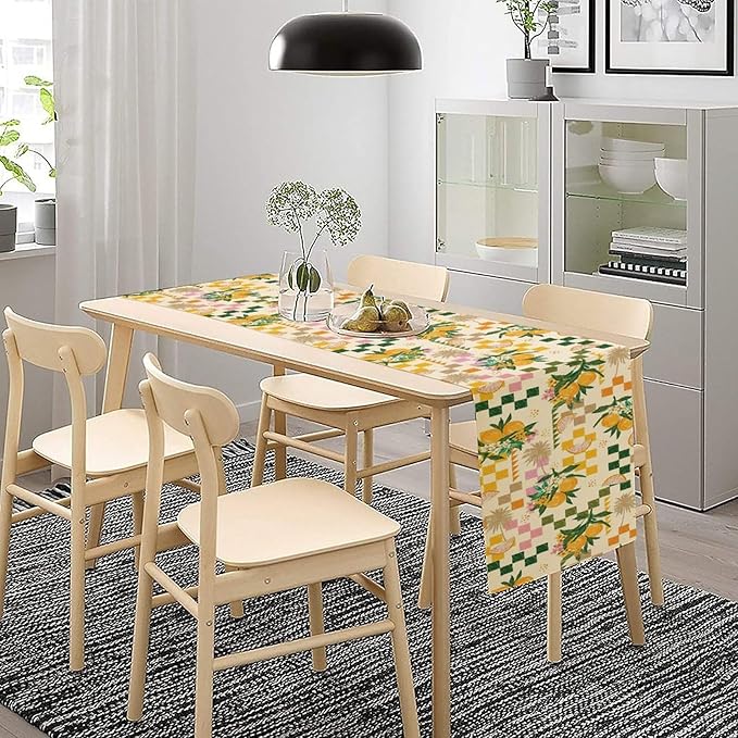 Tropical Summer Fruit Table Runner, Orange Square Grid Lemon Beach Ocean Table Runner for Kitchen Dining Party Holiday Home 13x108in
