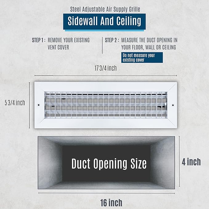 [2 Pack] Fits 16x4 Duct Opening Steel Adjustable Air Supply Grille by Handua | Register Vent Cover Grill for Sidewall and Ceiling | White | Outer Size: 17.75" X 5.75"