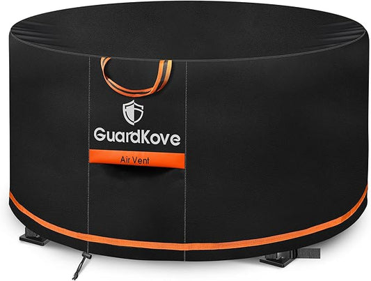 [Upgraded 1000D Heavy Duty Fabric] 56” Fire Pit Cover Round for 54”- 56” Fire Pit/Tables, Waterproof Tear & Fade Resistant Firepit Cover with Buckle, Handle, Drawstring, Air Vent (56”D x 24”H,Black)