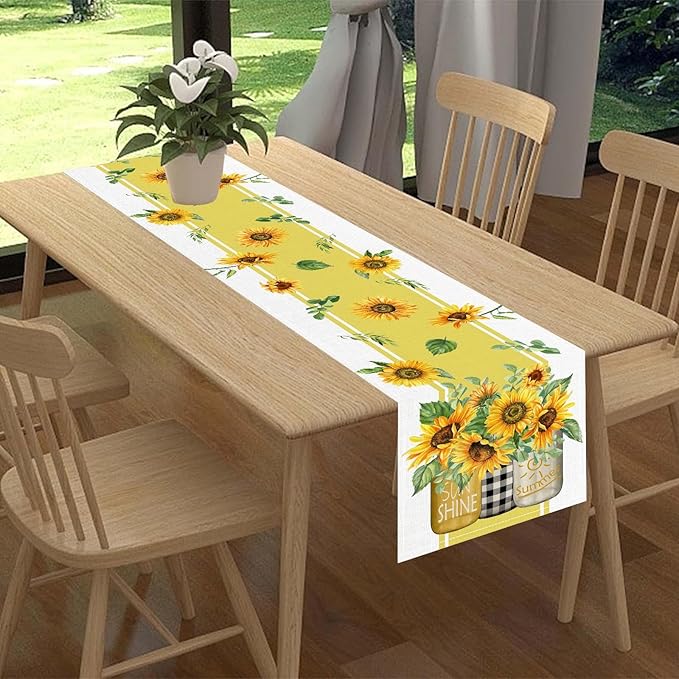 Sunflower Table Runner, Watercolor Yellow Floral Vase Spring Sunshine Summer Farmhouse Rustic Coffee Table Center Decor for Home Kitchen Dining Patio Indoor Outdoor Table Decorations, 13"x90" Inch