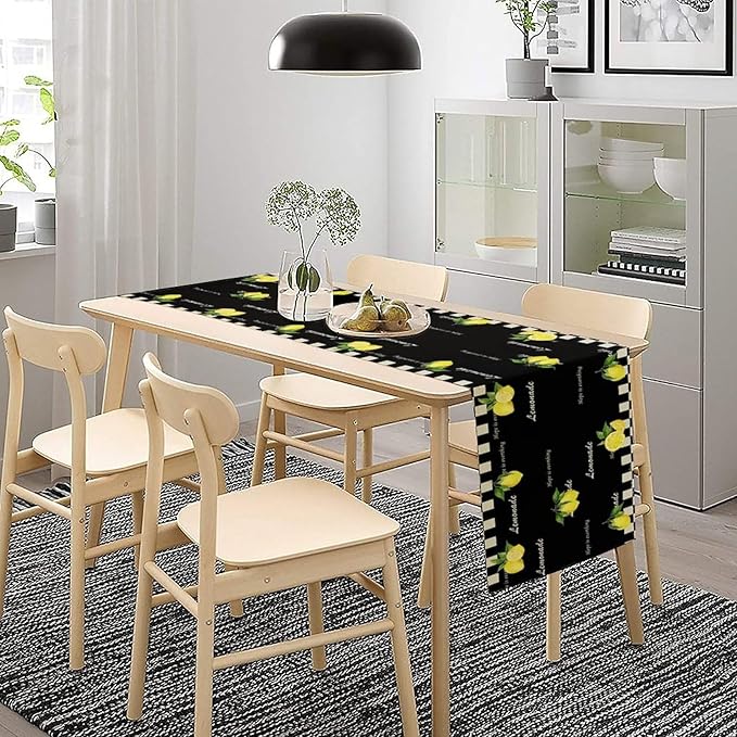 Lemon Table Runner,White Black Buffalo Plaid Watercolor Summer Fruit Print Table Runner for Kitchen Dining Table Indoor Outdoor Home Party Decor 13x120in