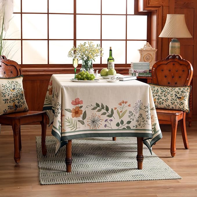 Beige Linen Extra Long Rectangle Tablecloth,Vintage French Shabby Chic Floral Wrinkle Free Table Cloth,Decor Table Cover for Kitchen,Dining,Christmas,Thanksgiving,63"*110"-Manolya