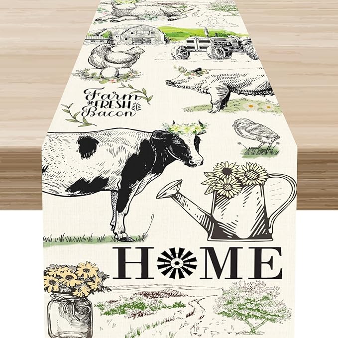 Farmhouse Cow Table Runner, Rustic Rooster Chicken Pig Floral Leaves Animals Spring Coffee Table Center Decor for Family Kitchen Dining and Outdoor Country Holiday Party Table Decorations, 13"x108"