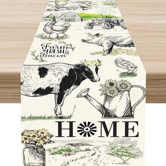 Farmhouse Cow Table Runner, Rustic Rooster Chicken Pig Floral Leaves Animals Spring Coffee Table Center Decor for Family Kitchen Dining and Outdoor Country Holiday Party Table Decorations, 13"x108"