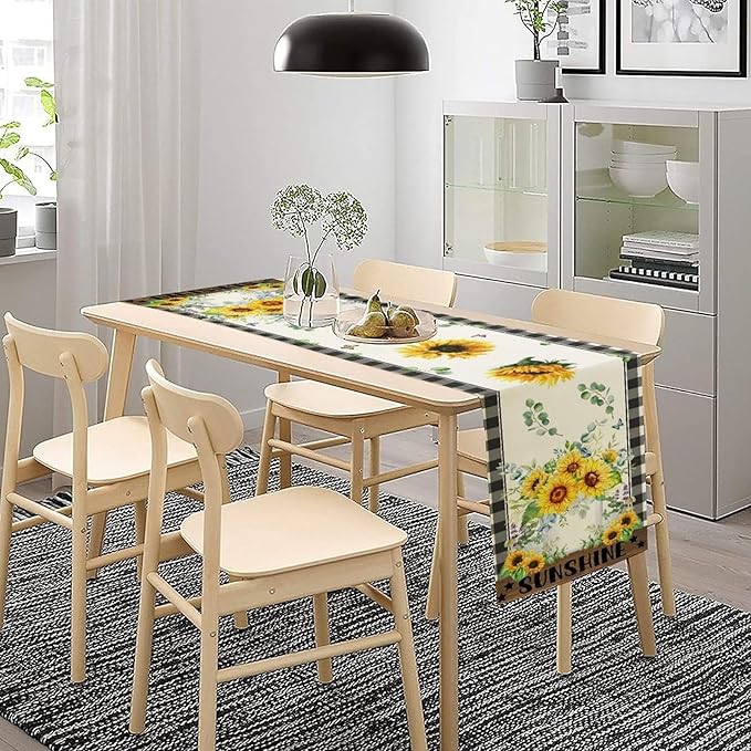 Sunflower Table Runner, Buffalo Floral Seasons Spring Summer Fall Table Runner for Kitchen Dining Farmhouse Home Party Outdoor 13x36in