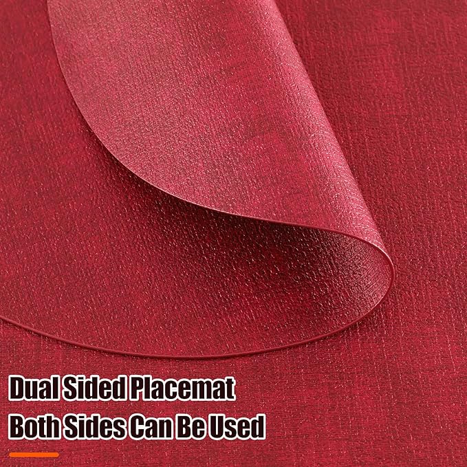 Homaxy Round Faux Leather Placemats and Coasters, Washable Dual-Side Table Mats, Wipeable Heat-Resistant Dining Place Mats for Outdoor and Indoor, Set of 6, Diameter 13 and 3.93 inch, Red