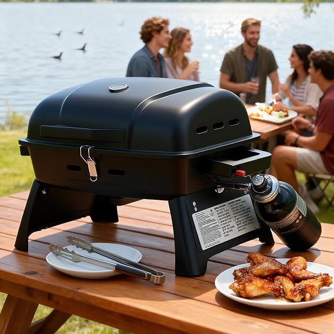 BrandMan Portable Propane Gas Grill, 1-Burner Tabletop Compact BBQ Grill with Folding Legs and Lockable Lid for Camping, Tailgating & Outdoor Cooking, Hassle-Free Setup