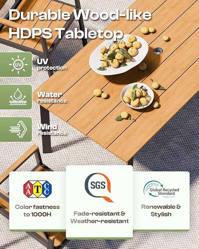 Outdoor Dining Set for 4, Patio Table and Chairs Set with Umbrella Hole, 5 Pieces HDPS + Aluminum Outdoor Furniture Sets for Patio, Garden (Gray & Teak)