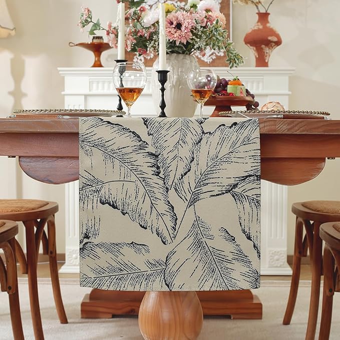 Double-Sided Table Runner - Reversible Oil Painting & Banana Leaf Design, Waterproof Linen Cotton for Dining Table Decor, Holiday Home Decoration（Red）