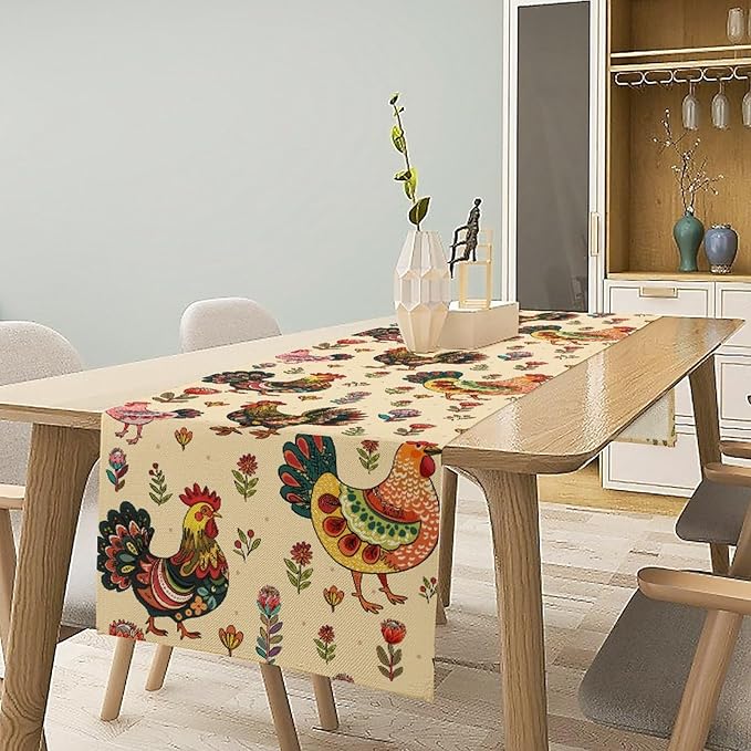 Rustic Farm Animal Table Runner, Vintage Rooster Boho Flowers Table Runner for Kitchen Dining Holiday Home Party 13x90in