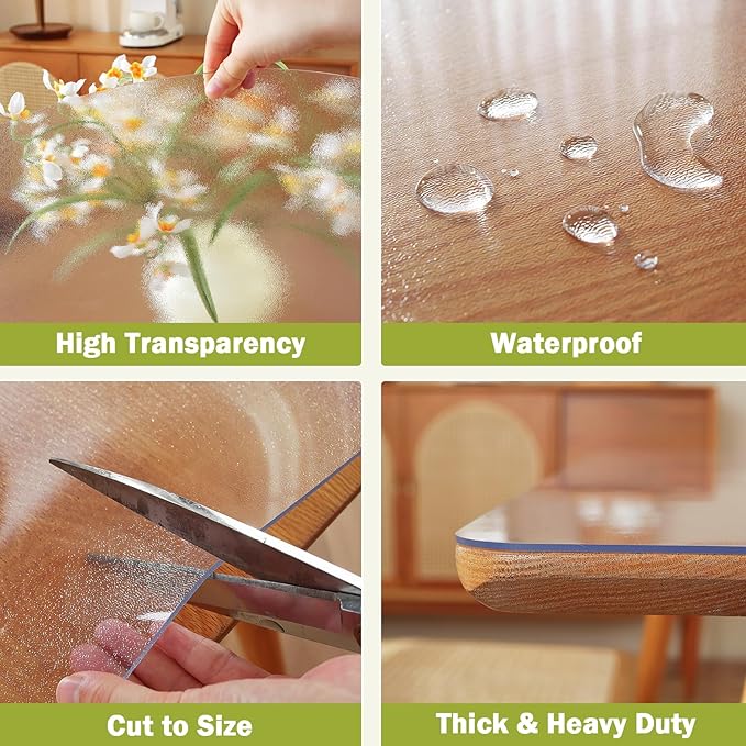 Frosted Clear Table Protector 44 x 108 Inch, 1.5mm Thick Plastic Table Cover, Waterproof PVC Clear Table Cover Protector, Desk Protector Mat, Writing Desk Pad for Desktop, Coffee & Dining Room Table