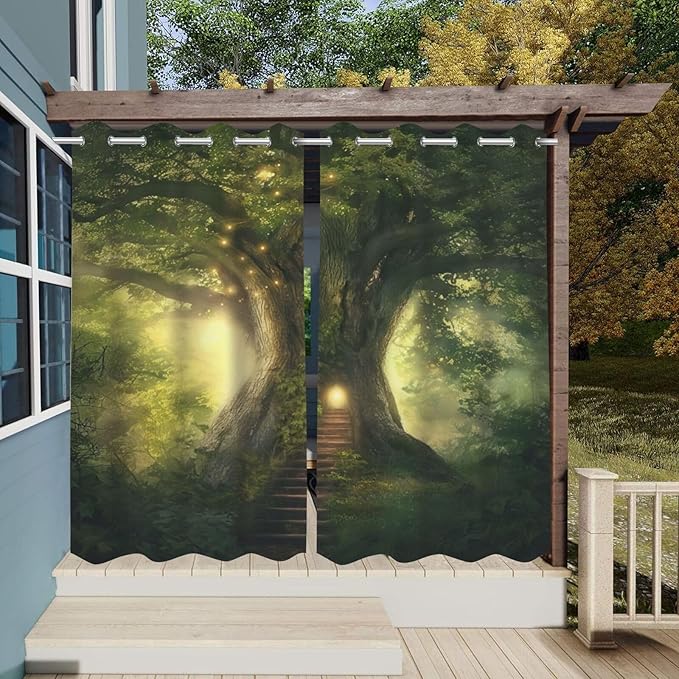 Fantasy Theme Waterproof Outdoor Curtains for Patio,Forest Pattern,Weatherproof Outside Curtain for Cabana, Porch, Pergola and Gazebo,2 Panels,36 x 84 inch,Green