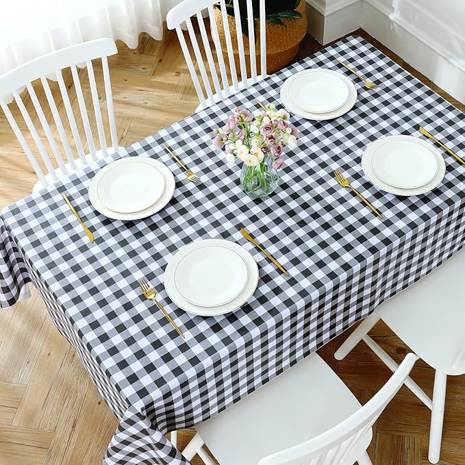 Romanstile Rectangle Vinyl Tablecloth, 100% Waterproof Buffalo Gingham Plastic Table Cloth, Heavy Duty Wipeable Checkered Table Covers for Outdoor, Camping, Picnic, Patio - 54 x 120, Black and White