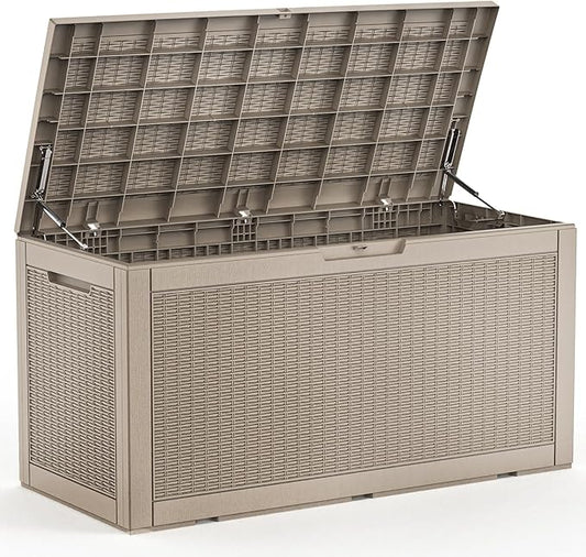 120 Gallon Deck Box,Resin Outdoor Storage Box with Lockable for Patio Furniture, Pool Accessories, Garden Tools Waterproof Outside Storage Box, Grey