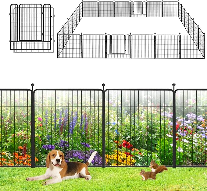 Garden Fence with Gate Metal Fencing Outdoor for Yard, 32in x55ft 24 Panels Outdoor Dog Fence Temporary Fence for Dogs Outside, Rustproof Garden Fencing Flower Bed Edging for Patio