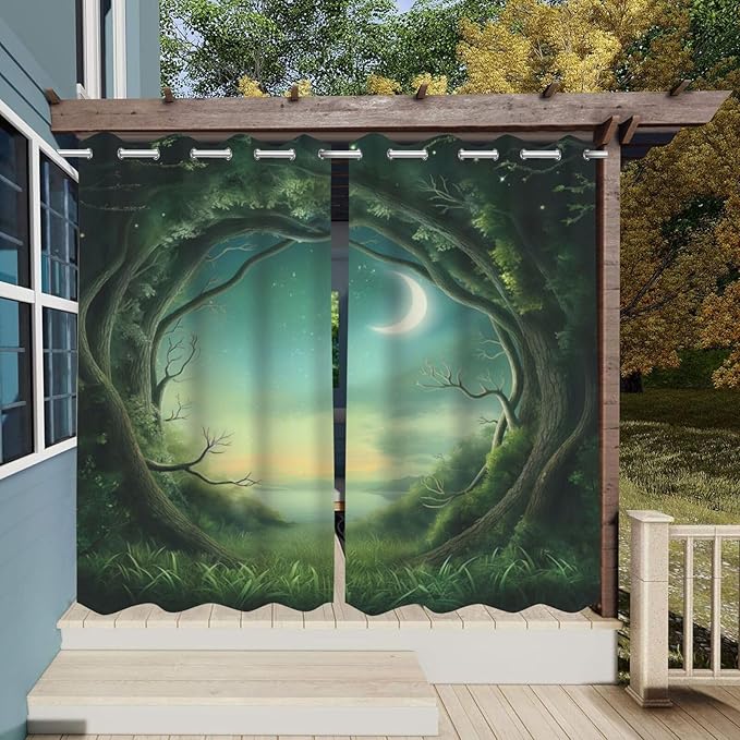 Forest Theme Waterproof Outdoor Curtains for Patio,Trees Moon Lake Pattern,Privacy Curtains for Porch Pergola Arbor Lanai Pool House Outside Deck,2 Panels,54 x 84 inch,Green