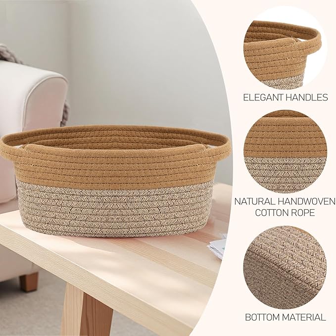 Woven Basket,Small Rope Storage Bin with Handles & Ribbon Bag, Organizer for Shelves Closets,Gift Basket Empty for Birthday,Books,Dog Toys, Jute&Brown/2 Pack