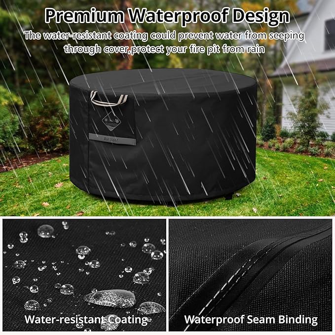 QH.HOME Fire Pit Cover Round Super Waterproof, 44" D X 24" H Outdoor Round Firepit Cover 600D Strong Tear Resistant, UPF 50+ Fire Pit Covers Premium Fading Resistant for Outdoor Fire Pit - Black