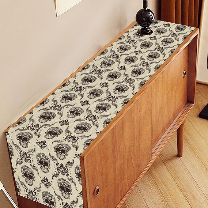 Gothic Table Runner, Retro Antique Damask Skull Pattern Classic Halloween Boho Black Coffee Vintage Table Center Decor for Kitchen and Dining Outdoor Home Country Party Table Decorations, 13"x36"
