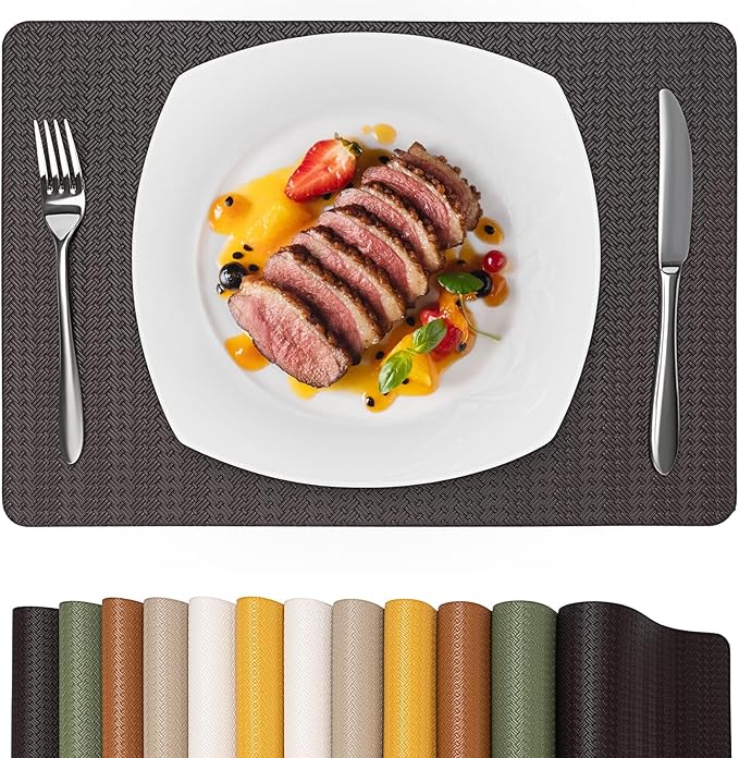 Faux Leather Placemats Set of 4 – 17x12 Inch Vinyl Table Mats, Heat Resistant, Non Slip, Wipeable & Washable, Easy to Clean Dining Table Decor for Kitchen & Dining Room（Dark Brownish Black）