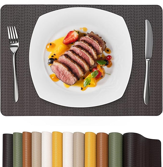 Faux Leather Placemats Set of 4 – 17x12 Inch Vinyl Table Mats, Heat Resistant, Non Slip, Wipeable & Washable, Easy to Clean Dining Table Decor for Kitchen & Dining Room（Dark Brownish Black）
