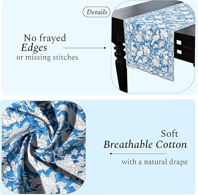 CPC Cotton Table Runner 16x90 Inch Block Printed Long Fall Table Runner for Dining Table, Card Table, Coffee Table, Wedding, Farmhouse & Outdoor Barbeque-Blue Sapphire