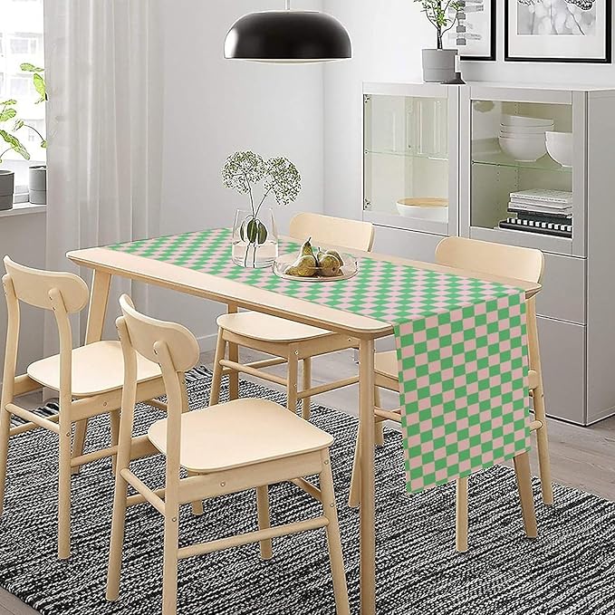 Retro Checkered Table Runner, Cute Pink Green Checkerboard Vintage Hippie Modern Aesthetic Table Runner for Party Kitchen Dining Home Outdoor Banquet 13x60in