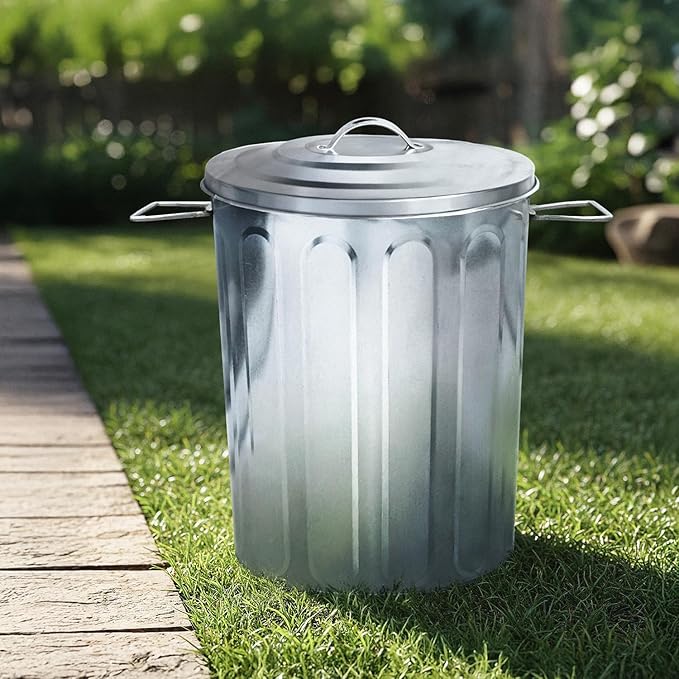 Plexon 5 Gallon Small Metal Trash Can with Lid Outdoor Galvanized Bucket with Lid 5 Gal Fireplace Ash Bucket for Wood Stove Storage Can for Dog Food Bird Seed Storage Container Rodent Pet Proof 6 Pack