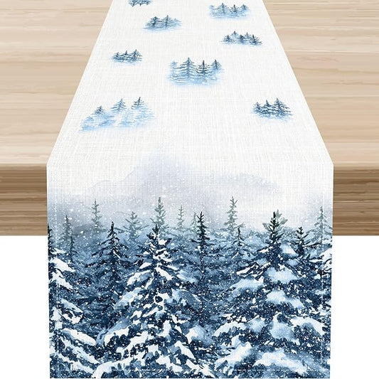 Forest Table Runner, Rustic Farmhouse Mountains Birds Pine Tree Woodland Jungle Cottage Country Coffee Table Center Decor for Home Kitchen Dining Patio Holiday Party Table Decorations, 13"x90" Inch