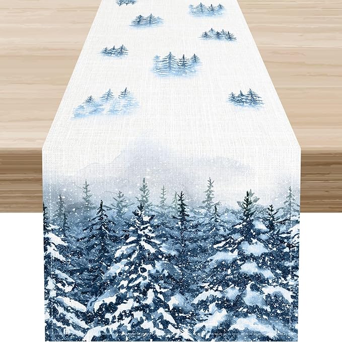 Forest Table Runner, Rustic Farmhouse Mountains Birds Pine Tree Woodland Jungle Cottage Country Coffee Table Center Decor for Home Kitchen Dining Patio Holiday Party Table Decorations, 13"x108" Inch
