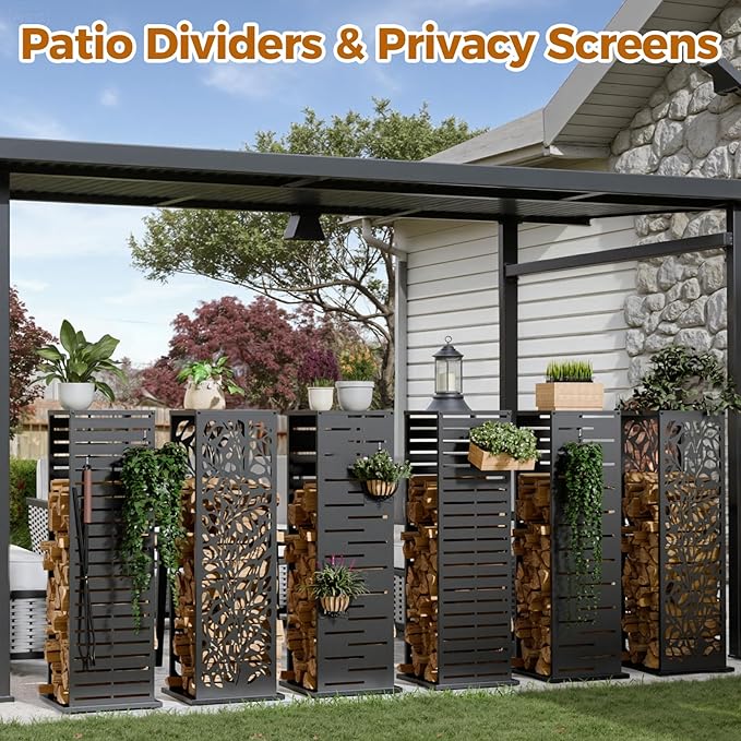 4ft Firewood Rack Outdoor, Fire Wood Rack Log Holder with Louver Pattern Hooks Adjustable Feet, Firewood Storage for Indoor Fireplace Patio Balcony Black