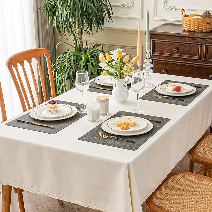 Romanstile Vinyl Placemats Set of 12-12 X 17 Inch - Heat Resistant Place Mats 100% Waterproof Oilproof Wipeable Reversible Faux Leather Table Mats for Kitchen, Dining, Party, Outdoor, Dark Grey