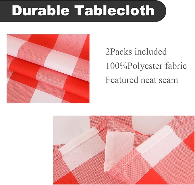 Cupuamon 2 Pack Waterproof Polyester Fabic Rectangle Checkered Tablecloth，60x120 Outdoor Table Cloth，Oil Stain Prevention Table Cloth for Pinics and Parties（Red and White）