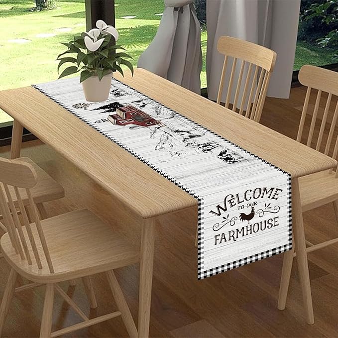 Farmhouse Rooster Table Runner, Rustic Farm Animals Cow Pig Chicken Coffee Table Center Decor for Home Kitchen Dining Patio Holiday Party Indoor Outdoor Table Decorations, 13"x72" Inch