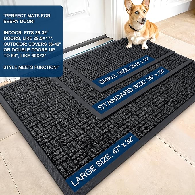 OLANLY Front Door Mat Outside Entrance 71x47, Absorbent, Heavy Duty Sturdy Natural Rubber Doormat Indoor Outdoor, Stain and Fade Resistant, Non-Slip Backing Low Profile Floor Mat for Entryway, Black