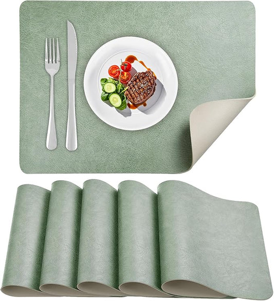 Faux Leather Placemats Set of 6 Table Mats Heat Resistant Reversible Place Mats, Waterproof Wipeable Dining Table Placemats for Home Party Outdoor, 16.9 x 11.8 inches (Sage Green/White)