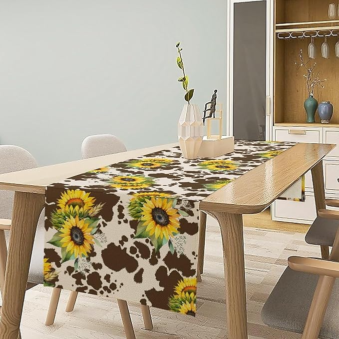 Cow Print Table Runner, Brown Sunflower Cow Print Animal Fur Skin Rustic Cowhide Pattern Table Runner for Kitchen Farmhouse Dining Home Outdoor 13x36in