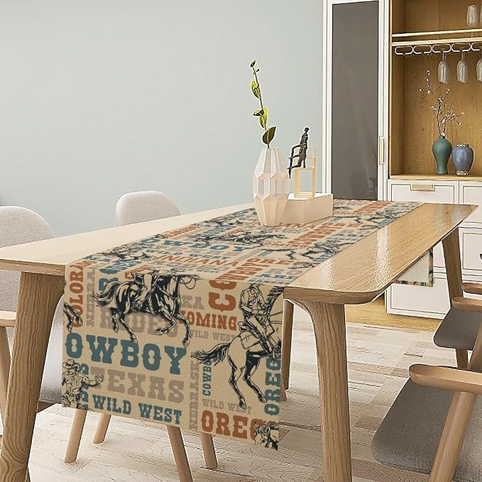 Western Cowboy Table Runner, Vintage Country American West Cowboy Riding Horse Table Runner for Home Kitchen Dining Party Farmhouse Cafe Outdoor 13x60in
