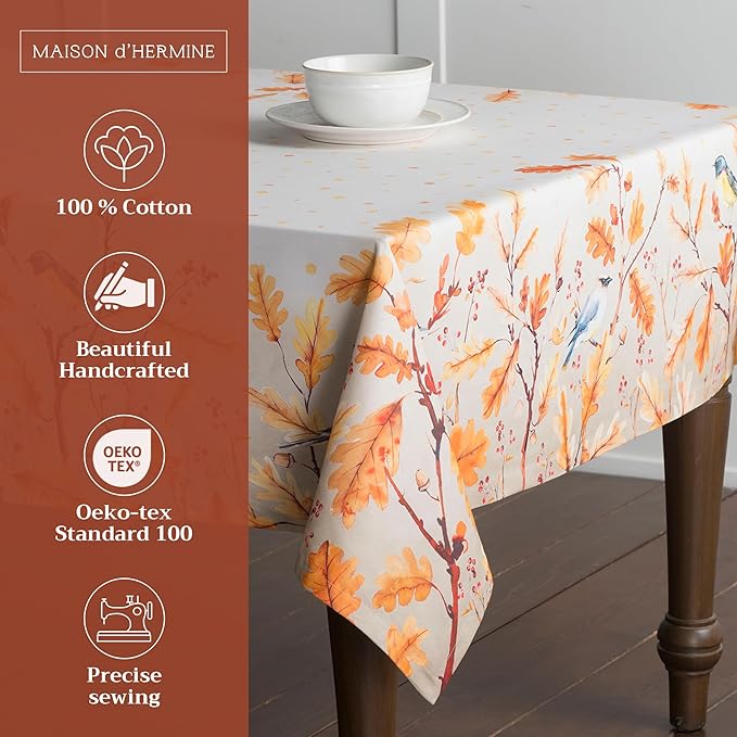 Maison d' Hermine Table Cloth Rectangle Table 100% Cotton 60 x 108 Inches Fall Tablecloth Reusable Everyday Use for Thanksgiving Christmas Decorations Dining Farmhouse Party (Oak Leaves)