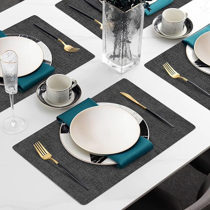 Faux Leather Heat Resistant Placemats Set of 8 – Waterproof Oilproof Wipeable Dining PU Vinyl Place Mat Easy Clean Table Mats for Kitchen/Dining/Party/Holiday, Dark Grey