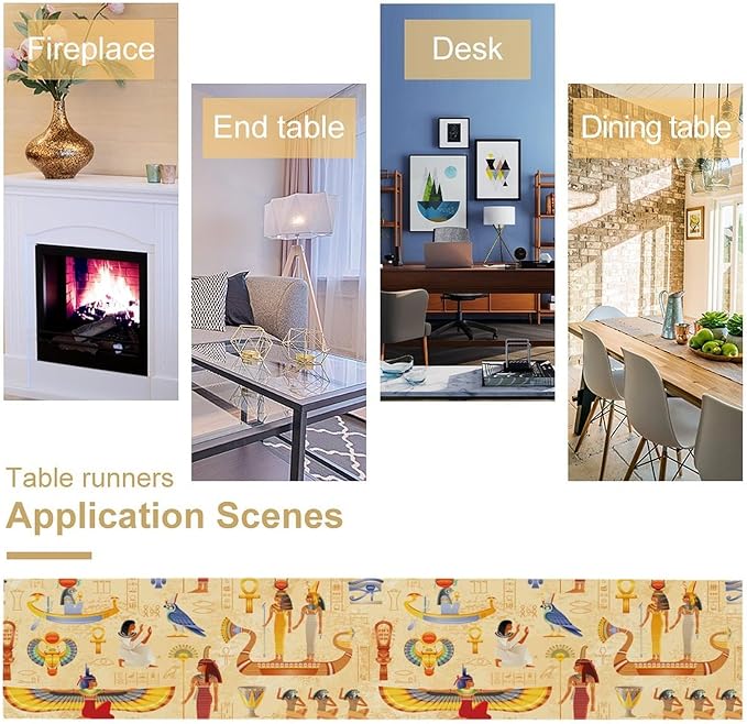Egypt Table Runner, Ancient Egyptian Mythology Gods Hieroglyphic Elements Retro Farmhouse Table Runner for Home Kitchen Dining Party Indoor Outdoor 13x90in