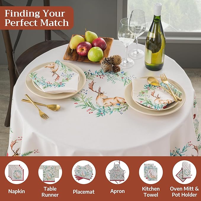 Maison d' Hermine Table Cloth Round Table 100% Cotton 63 Inches Fall Tablecloth Reusable Everyday Use for Thanksgiving Christmas Decorations Dining Farmhouse Party (Holly Time)