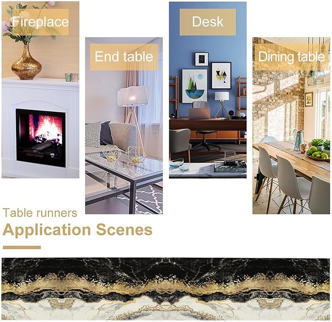 Marble Table Runner, Ink Golden Marble Texture Table Runner for Kitchen Wedding Farmhouse Indoor Outdoor Home Party 13x60in
