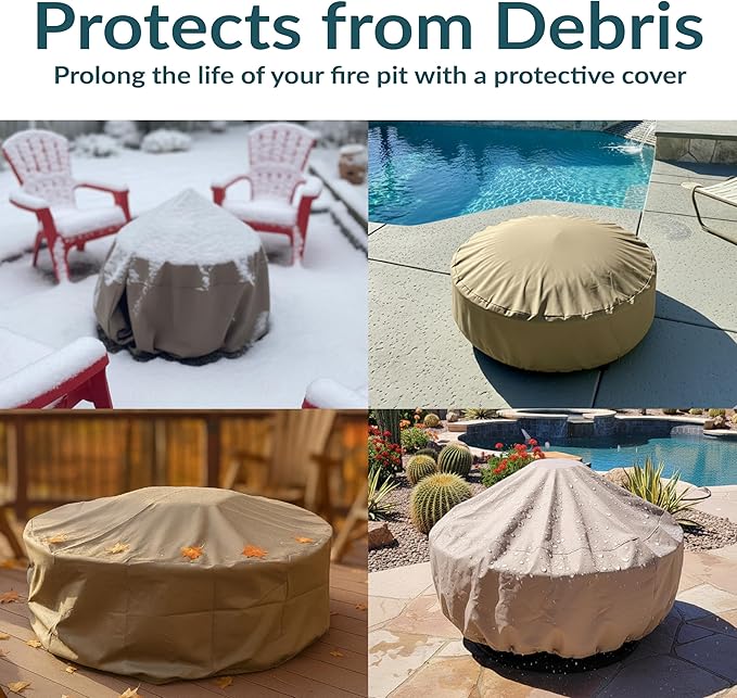 Sunnydaze Round Outdoor Fire Pit Cover - Heavy-Duty 300D Polyester and PVC with Drawstring Closure - Khaki - 30-Inch