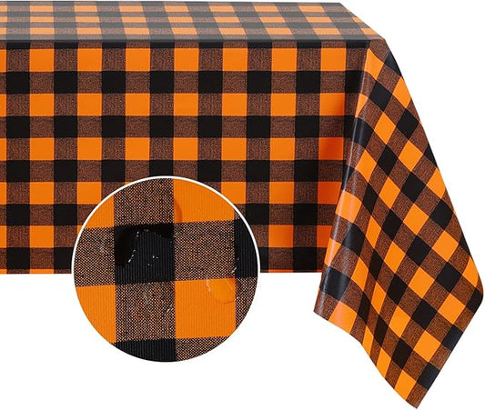 Romanstile Rectangle Vinyl Tablecloth, 100% Waterproof Buffalo Gingham Plastic Table Cloth, Heavy Duty Wipeable Checkered Table Covers for Outdoor, Camping, Picnic, Patio - 52 x 70, Black and Orange