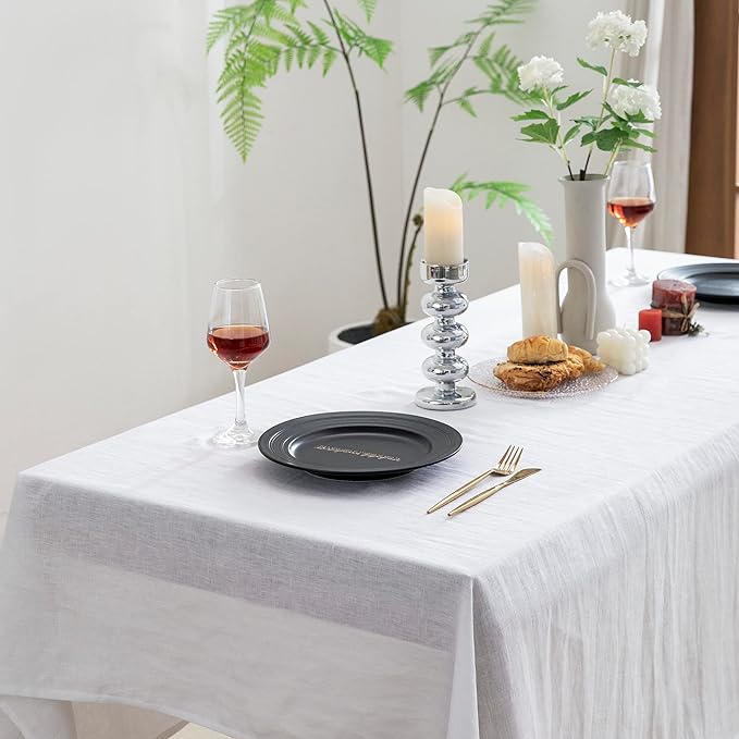 EVERLY 100% Pure Linen Rectangle Tablecloths 60x132Inches for Dining, Buffet Parties, Picnic,Events, Weddings and Restaurants, Decorative Halloween, Thanksgiving Machine Washable Tablecloths-White