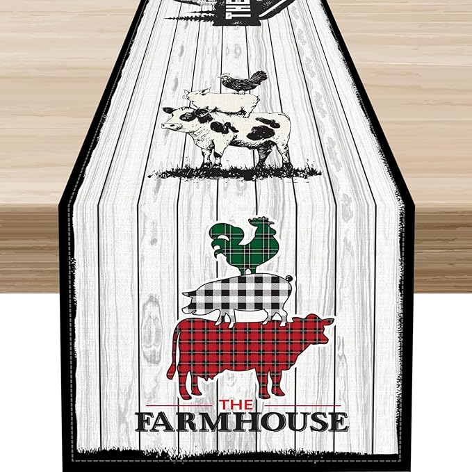 Farmhouse Pig Cow Table Runner, Rustic Black Rooster Animals Coffee Table Center Decor for Family Kitchen Dining Room and Living Room Outdoor Country Holiday Party Table Decorations, 13" X 72"
